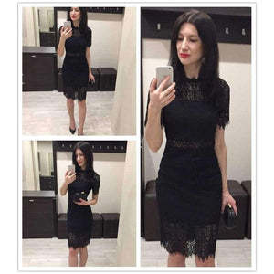 Planet Gates Black / XS Party Dress Black Stand Collar Short Sleeve Plain Eyelash Lace Dress Women Elegant Scallop Trim Midi Dress