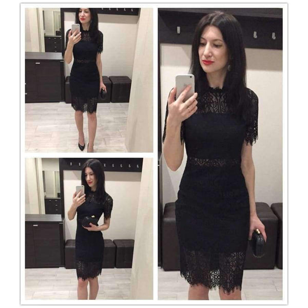 Planet Gates Black / XS Party Dress Black Stand Collar Short Sleeve Plain Eyelash Lace Dress Women Elegant Scallop Trim Midi Dress