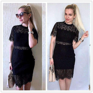 Planet Gates Black / XS Party Dress Black Stand Collar Short Sleeve Plain Eyelash Lace Dress Women Elegant Scallop Trim Midi Dress