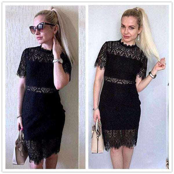 Planet Gates Black / XS Party Dress Black Stand Collar Short Sleeve Plain Eyelash Lace Dress Women Elegant Scallop Trim Midi Dress