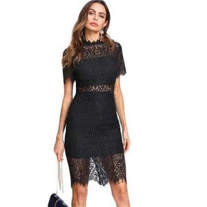 Planet Gates Black / XS Party Dress Black Stand Collar Short Sleeve Plain Eyelash Lace Dress Women Elegant Scallop Trim Midi Dress