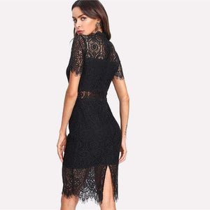 Planet Gates Black / XS Party Dress Black Stand Collar Short Sleeve Plain Eyelash Lace Dress Women Elegant Scallop Trim Midi Dress