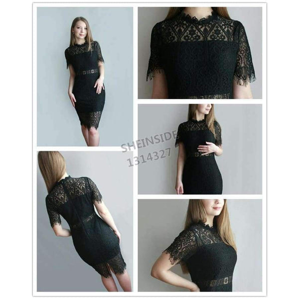 Planet Gates Black / XS Party Dress Black Stand Collar Short Sleeve Plain Eyelash Lace Dress Women Elegant Scallop Trim Midi Dress
