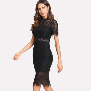 Planet Gates Black / XS Party Dress Black Stand Collar Short Sleeve Plain Eyelash Lace Dress Women Elegant Scallop Trim Midi Dress