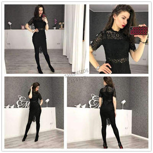 Planet Gates Black / XS Party Dress Black Stand Collar Short Sleeve Plain Eyelash Lace Dress Women Elegant Scallop Trim Midi Dress