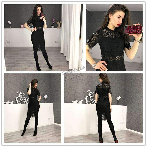 Planet Gates Black / XS Party Dress Black Stand Collar Short Sleeve Plain Eyelash Lace Dress Women Elegant Scallop Trim Midi Dress