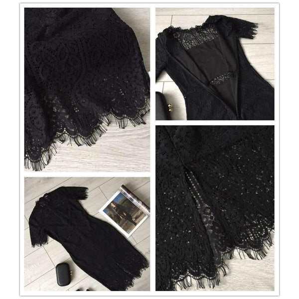 Planet Gates Black / XS Party Dress Black Stand Collar Short Sleeve Plain Eyelash Lace Dress Women Elegant Scallop Trim Midi Dress