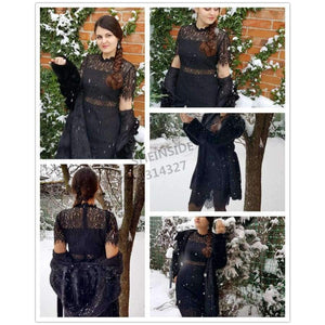 Planet Gates Black / XS Party Dress Black Stand Collar Short Sleeve Plain Eyelash Lace Dress Women Elegant Scallop Trim Midi Dress