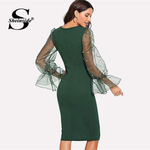 Planet Gates Black / XS Pearl Beaded Mesh Sleeve Dress Women Knee Length Regular Fit Bodycon Dress 2018 Summer Elegant Party Dress