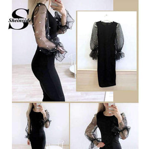 Planet Gates Black / XS Pearl Beaded Mesh Sleeve Dress Women Knee Length Regular Fit Bodycon Dress 2018 Summer Elegant Party Dress