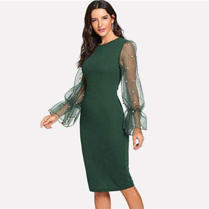 Planet Gates Black / XS Pearl Beaded Mesh Sleeve Dress Women Knee Length Regular Fit Bodycon Dress 2018 Summer Elegant Party Dress