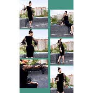 Planet Gates Black / XS Pearl Beaded Mesh Sleeve Dress Women Knee Length Regular Fit Bodycon Dress 2018 Summer Elegant Party Dress