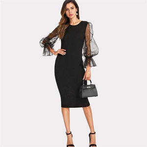 Planet Gates Black / XS Pearl Beaded Mesh Sleeve Dress Women Knee Length Regular Fit Bodycon Dress 2018 Summer Elegant Party Dress