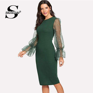 Planet Gates Black / XS Pearl Beaded Mesh Sleeve Dress Women Knee Length Regular Fit Bodycon Dress 2018 Summer Elegant Party Dress