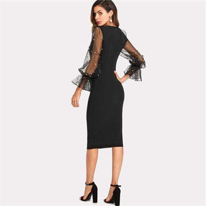 Planet Gates Black / XS Pearl Beaded Mesh Sleeve Dress Women Knee Length Regular Fit Bodycon Dress 2018 Summer Elegant Party Dress