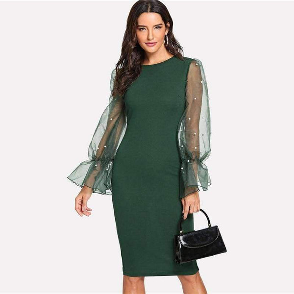 Planet Gates Black / XS Pearl Beaded Mesh Sleeve Dress Women Knee Length Regular Fit Bodycon Dress 2018 Summer Elegant Party Dress