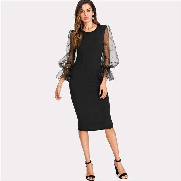 Planet Gates Black / XS Pearl Beaded Mesh Sleeve Dress Women Knee Length Regular Fit Bodycon Dress 2018 Summer Elegant Party Dress