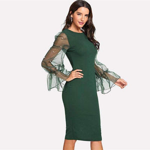 Planet Gates Black / XS Pearl Beaded Mesh Sleeve Dress Women Knee Length Regular Fit Bodycon Dress 2018 Summer Elegant Party Dress