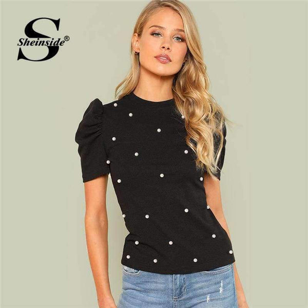 Planet Gates Black / XS Pearl Beaded Puff Sleeve Tee Women Black Stretchy Short Sleeve Plain Regular Fit Top 2018 Summer OL Elegant Tee