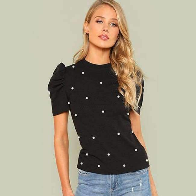 Planet Gates Black / XS Pearl Beaded Puff Sleeve Tee Women Black Stretchy Short Sleeve Plain Regular Fit Top 2018 Summer OL Elegant Tee