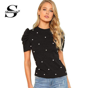 Planet Gates Black / XS Pearl Beaded Puff Sleeve Tee Women Black Stretchy Short Sleeve Plain Regular Fit Top 2018 Summer OL Elegant Tee