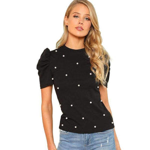 Planet Gates Black / XS Pearl Beaded Puff Sleeve Tee Women Black Stretchy Short Sleeve Plain Regular Fit Top 2018 Summer OL Elegant Tee