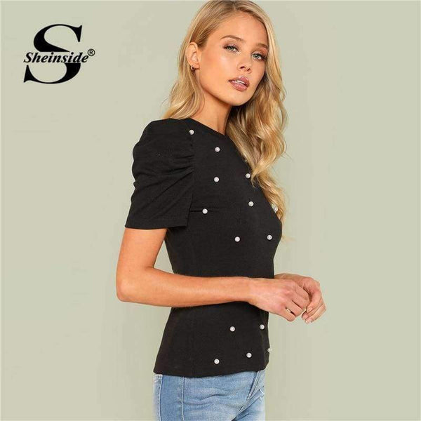 Planet Gates Black / XS Pearl Beaded Puff Sleeve Tee Women Black Stretchy Short Sleeve Plain Regular Fit Top 2018 Summer OL Elegant Tee