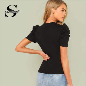 Planet Gates Black / XS Pearl Beaded Puff Sleeve Tee Women Black Stretchy Short Sleeve Plain Regular Fit Top 2018 Summer OL Elegant Tee