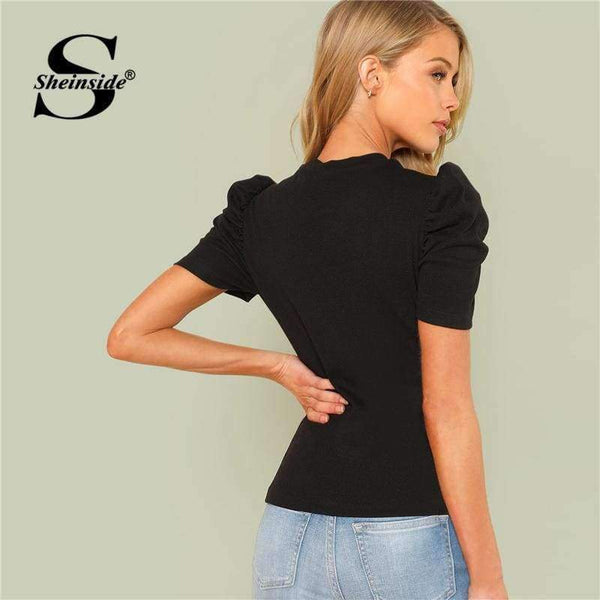 Planet Gates Black / XS Pearl Beaded Puff Sleeve Tee Women Black Stretchy Short Sleeve Plain Regular Fit Top 2018 Summer OL Elegant Tee