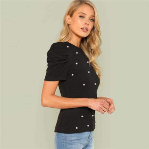 Planet Gates Black / XS Pearl Beaded Puff Sleeve Tee Women Black Stretchy Short Sleeve Plain Regular Fit Top 2018 Summer OL Elegant Tee