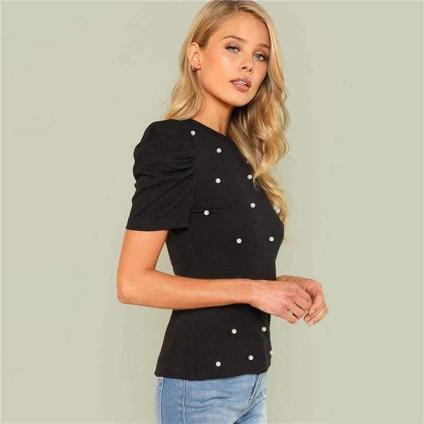 Planet Gates Black / XS Pearl Beaded Puff Sleeve Tee Women Black Stretchy Short Sleeve Plain Regular Fit Top 2018 Summer OL Elegant Tee