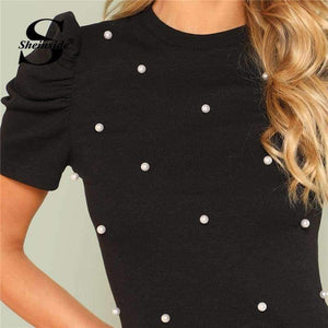Planet Gates Black / XS Pearl Beaded Puff Sleeve Tee Women Black Stretchy Short Sleeve Plain Regular Fit Top 2018 Summer OL Elegant Tee