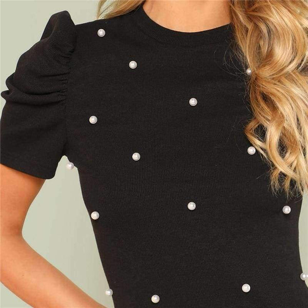 Planet Gates Black / XS Pearl Beaded Puff Sleeve Tee Women Black Stretchy Short Sleeve Plain Regular Fit Top 2018 Summer OL Elegant Tee