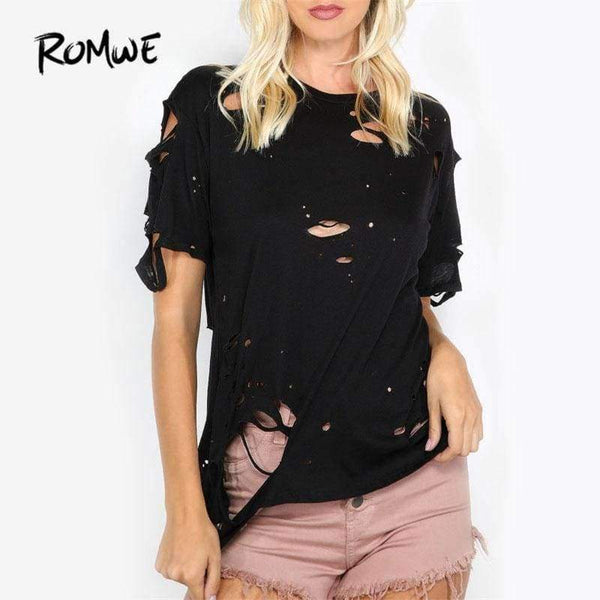 Planet Gates Black / XS Ripped Round Neck Tee Shirt  New Black Short Sleeve Regular Fit Women Top Solid Stretchy Cotton T Shirt
