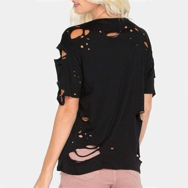 Planet Gates Black / XS Ripped Round Neck Tee Shirt  New Black Short Sleeve Regular Fit Women Top Solid Stretchy Cotton T Shirt