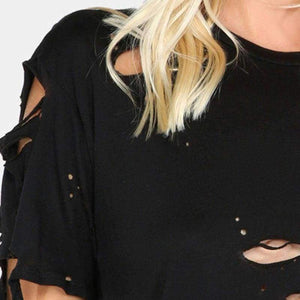Planet Gates Black / XS Ripped Round Neck Tee Shirt  New Black Short Sleeve Regular Fit Women Top Solid Stretchy Cotton T Shirt