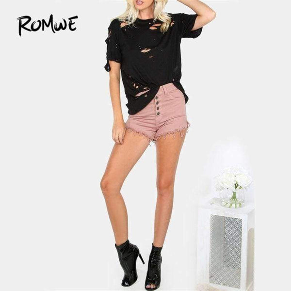 Planet Gates Black / XS Ripped Round Neck Tee Shirt  New Black Short Sleeve Regular Fit Women Top Solid Stretchy Cotton T Shirt