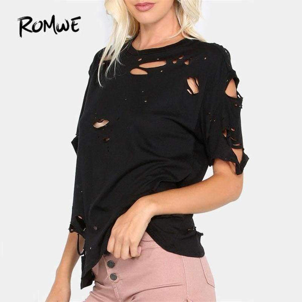 Planet Gates Black / XS Ripped Round Neck Tee Shirt  New Black Short Sleeve Regular Fit Women Top Solid Stretchy Cotton T Shirt