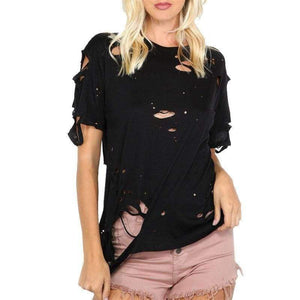 Planet Gates Black / XS Ripped Round Neck Tee Shirt  New Black Short Sleeve Regular Fit Women Top Solid Stretchy Cotton T Shirt
