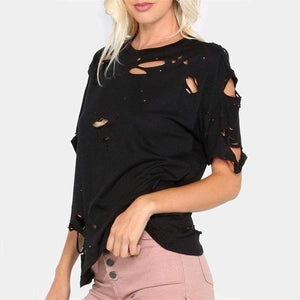 Planet Gates Black / XS Ripped Round Neck Tee Shirt  New Black Short Sleeve Regular Fit Women Top Solid Stretchy Cotton T Shirt