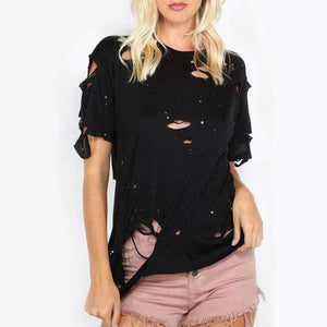 Planet Gates Black / XS Ripped Round Neck Tee Shirt  New Black Short Sleeve Regular Fit Women Top Solid Stretchy Cotton T Shirt