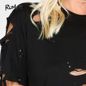 Planet Gates Black / XS Ripped Round Neck Tee Shirt  New Black Short Sleeve Regular Fit Women Top Solid Stretchy Cotton T Shirt