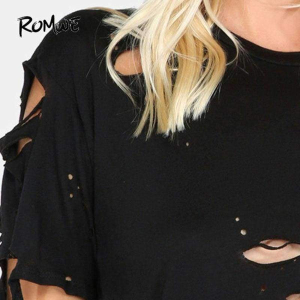 Planet Gates Black / XS Ripped Round Neck Tee Shirt  New Black Short Sleeve Regular Fit Women Top Solid Stretchy Cotton T Shirt