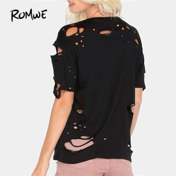 Planet Gates Black / XS Ripped Round Neck Tee Shirt  New Black Short Sleeve Regular Fit Women Top Solid Stretchy Cotton T Shirt