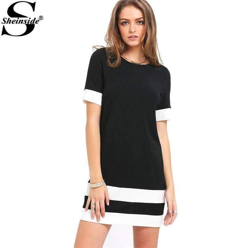 Planet Gates Black / XS Sheinside Office Ladies Color Block Casual Mini Dresses Workwear Black White Patchwork Crew Neck Short Sleeve Shift Dress