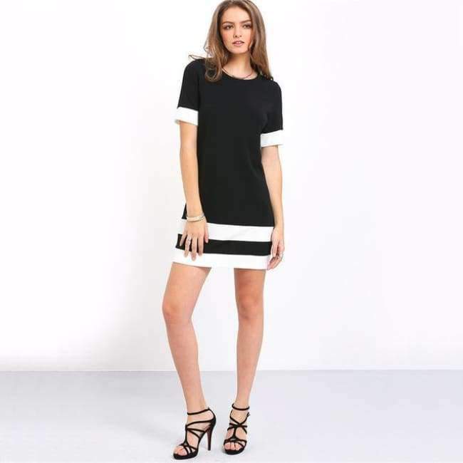 Planet Gates Black / XS Sheinside Office Ladies Color Block Casual Mini Dresses Workwear Black White Patchwork Crew Neck Short Sleeve Shift Dress