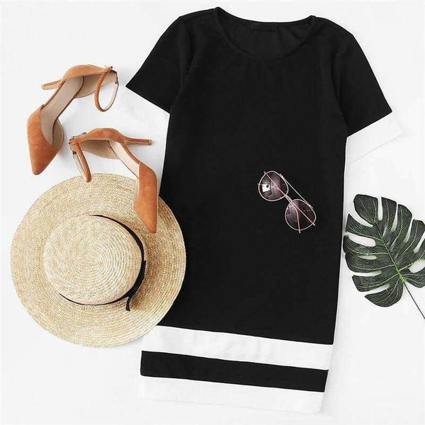 Planet Gates Sort / XS Sheinside Office Ladies Color Block Casual Minikjoler Arbejdstøj Sort Hvid Patchwork Rund Hals Kortærmet Shiftkjole