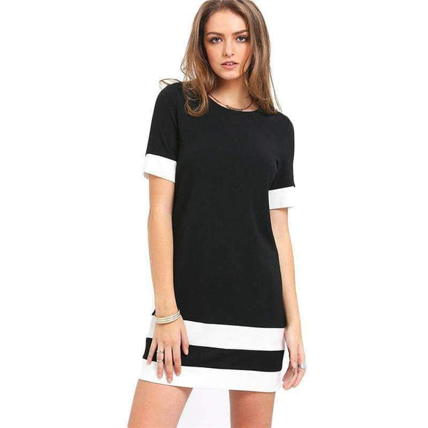 Planet Gates Sort / XS Sheinside Office Ladies Color Block Casual Minikjoler Arbejdstøj Sort Hvid Patchwork Rund Hals Kortærmet Shiftkjole