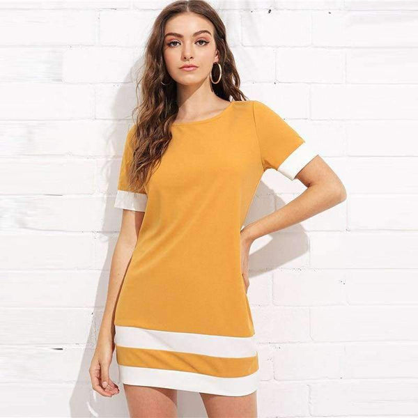 Planet Gates Sort / XS Sheinside Office Ladies Color Block Casual Minikjoler Arbejdstøj Sort Hvid Patchwork Rund Hals Kortærmet Shiftkjole