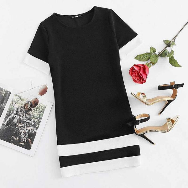 Planet Gates Sort / XS Sheinside Office Ladies Color Block Casual Minikjoler Arbejdstøj Sort Hvid Patchwork Rund Hals Kortærmet Shiftkjole